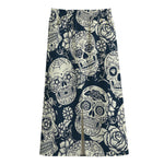 White Floral Sugar Skull Pattern Print Cotton Front Slit Maxi Skirt