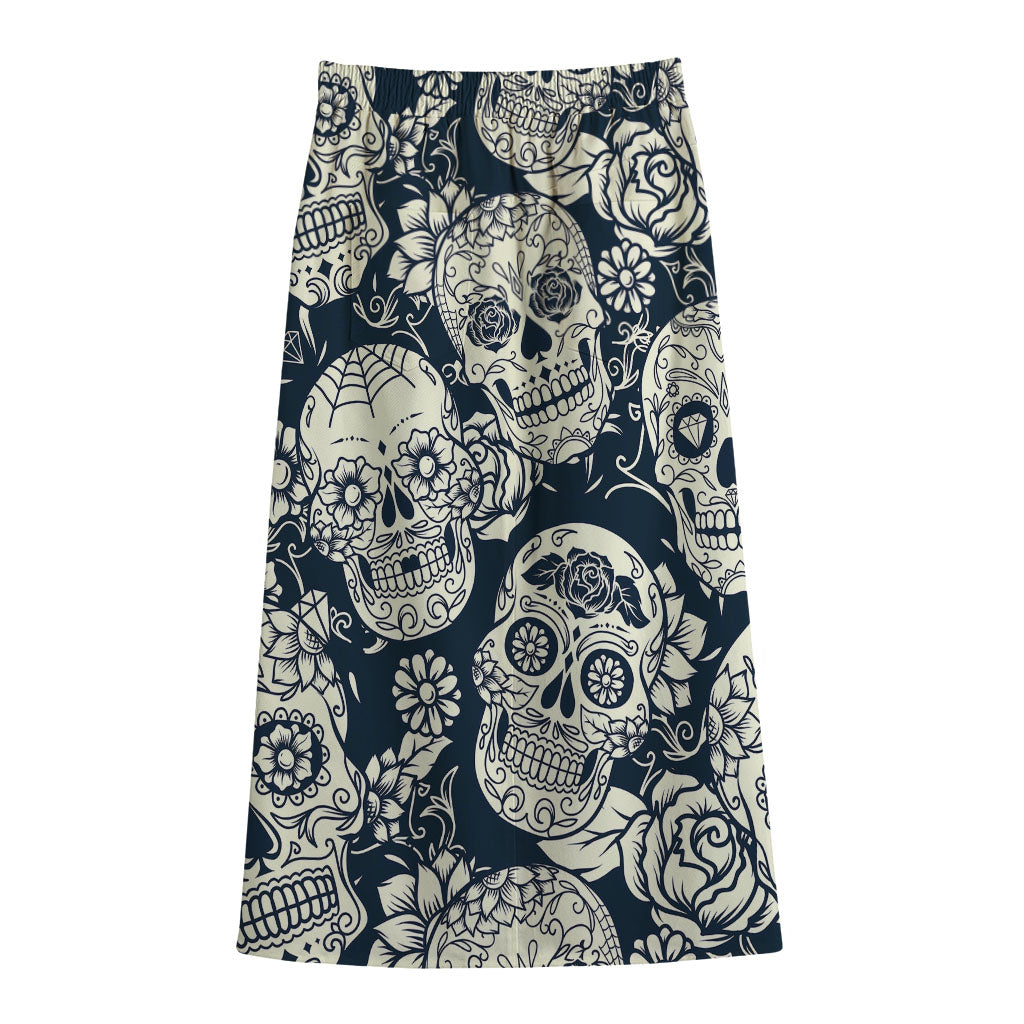 White Floral Sugar Skull Pattern Print Cotton Front Slit Maxi Skirt