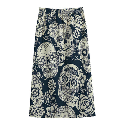 White Floral Sugar Skull Pattern Print Cotton Front Slit Maxi Skirt