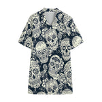 White Floral Sugar Skull Pattern Print Cotton Hawaiian Shirt