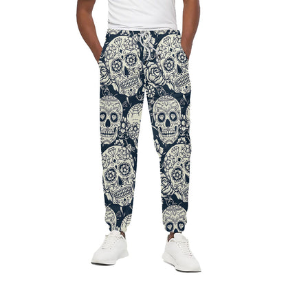 White Floral Sugar Skull Pattern Print Cotton Pants