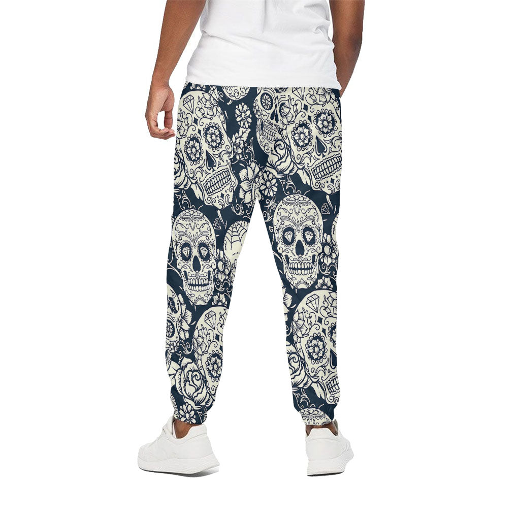 White Floral Sugar Skull Pattern Print Cotton Pants