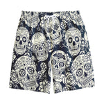 White Floral Sugar Skull Pattern Print Cotton Shorts
