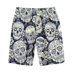 White Floral Sugar Skull Pattern Print Cotton Shorts