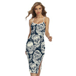 White Floral Sugar Skull Pattern Print Cross Back Cami Dress