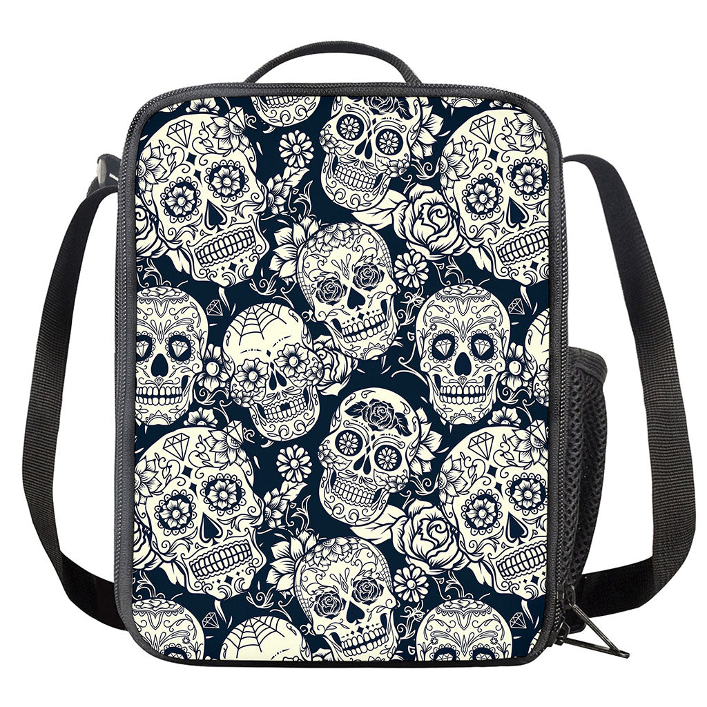 White Floral Sugar Skull Pattern Print Crossbody Lunch Bag