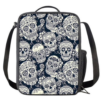 White Floral Sugar Skull Pattern Print Crossbody Lunch Bag