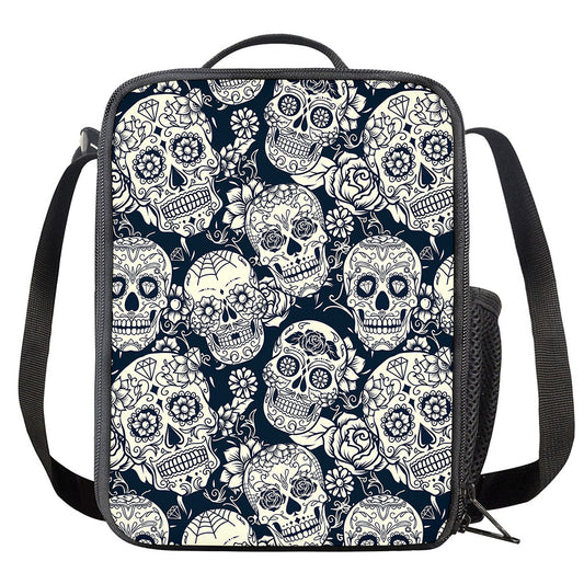 White Floral Sugar Skull Pattern Print Crossbody Lunch Bag