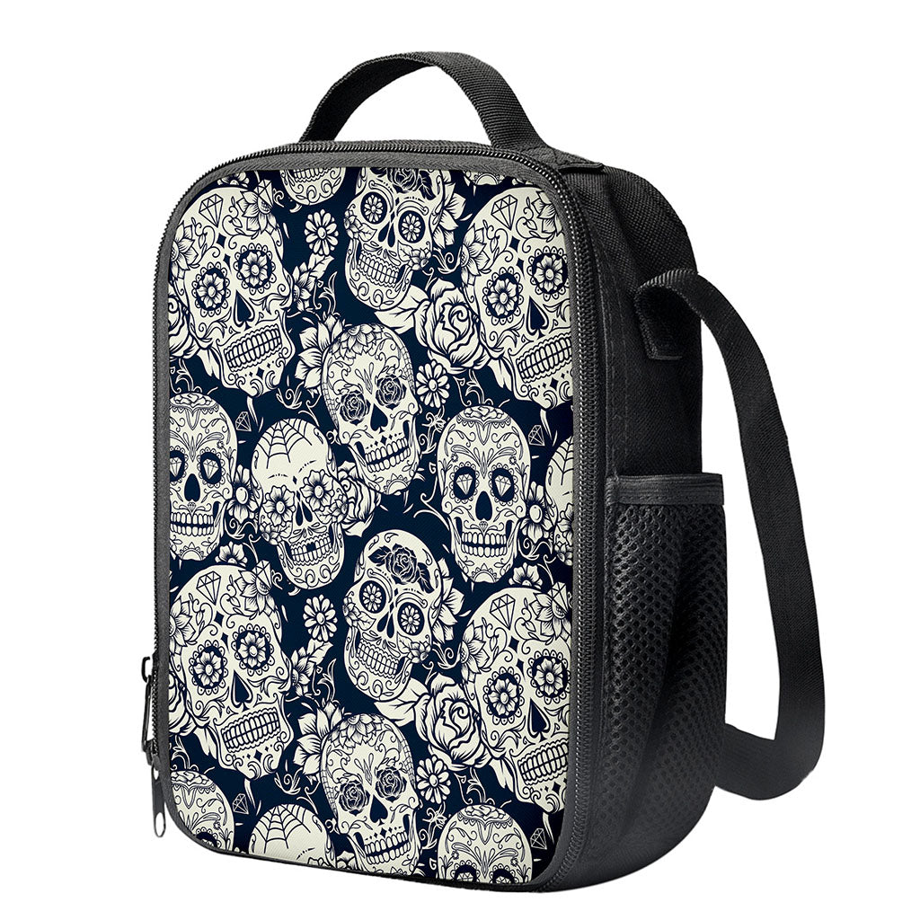 White Floral Sugar Skull Pattern Print Crossbody Lunch Bag