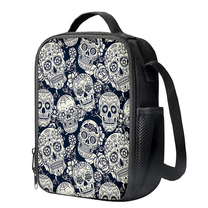 White Floral Sugar Skull Pattern Print Crossbody Lunch Bag