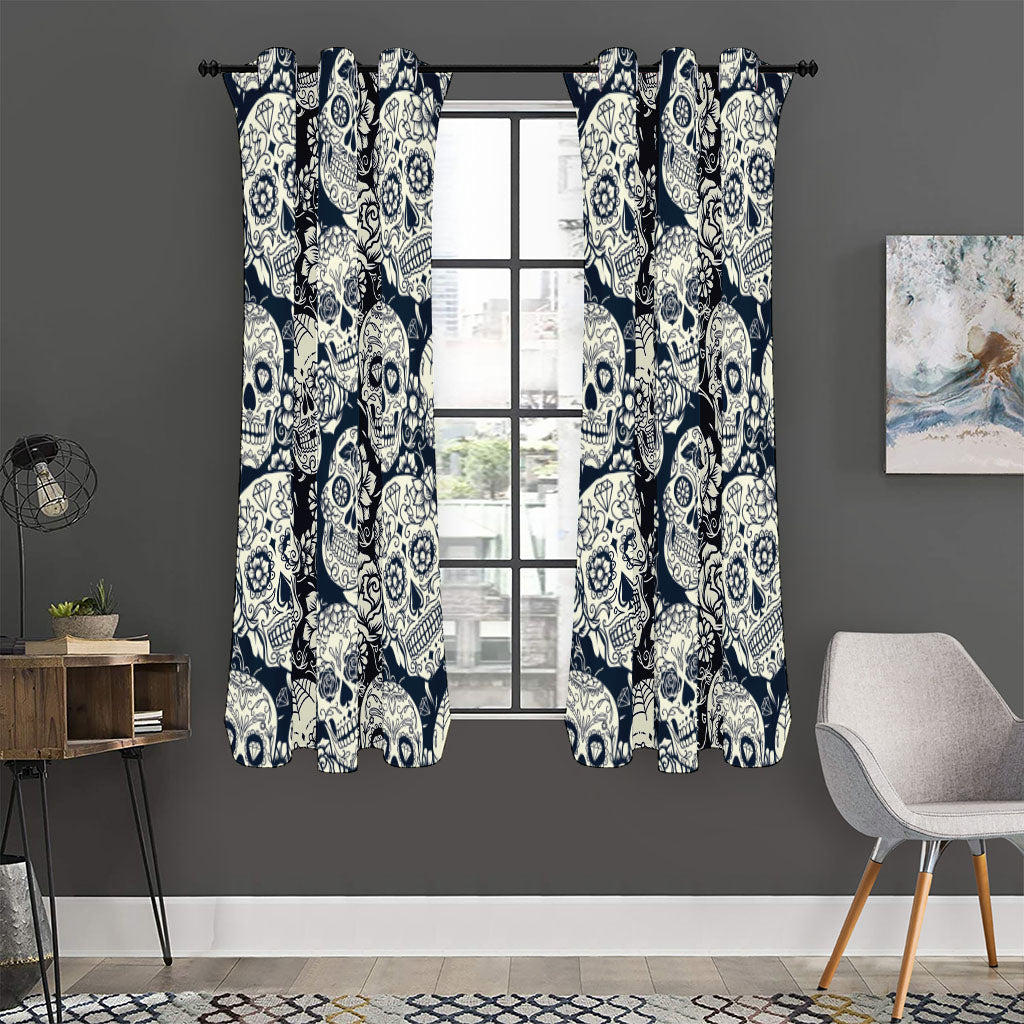 White Floral Sugar Skull Pattern Print Curtain