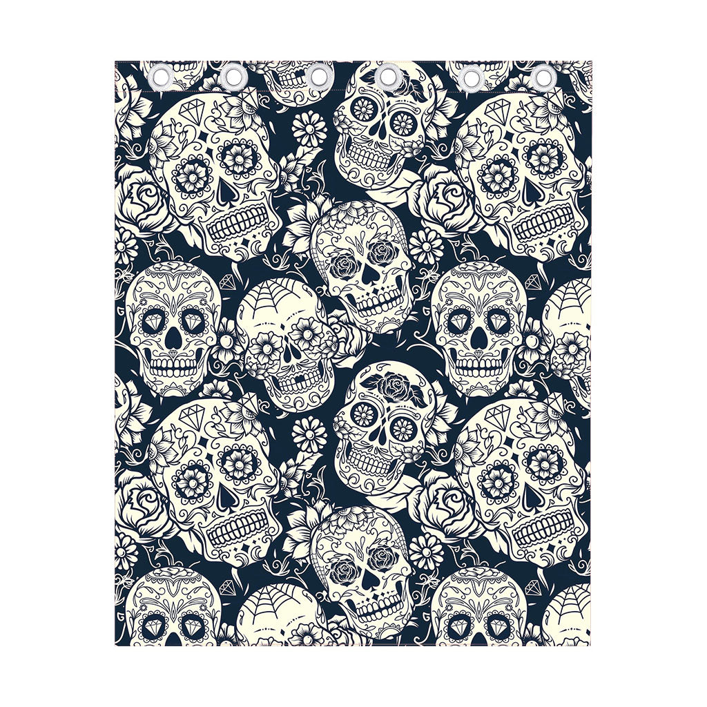 White Floral Sugar Skull Pattern Print Curtain