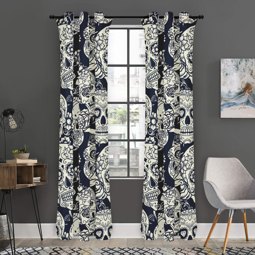 White Floral Sugar Skull Pattern Print Curtain