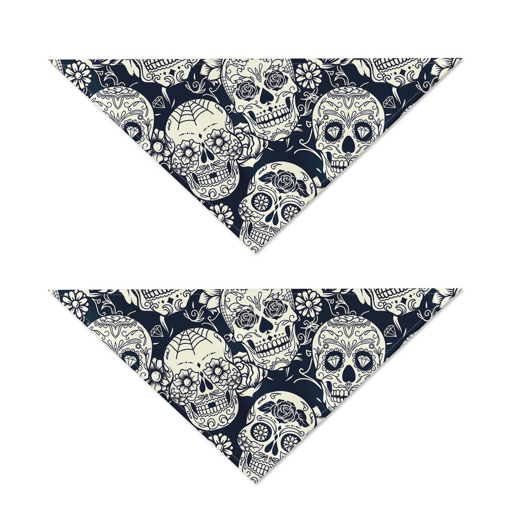 White Floral Sugar Skull Pattern Print Dog Bandana