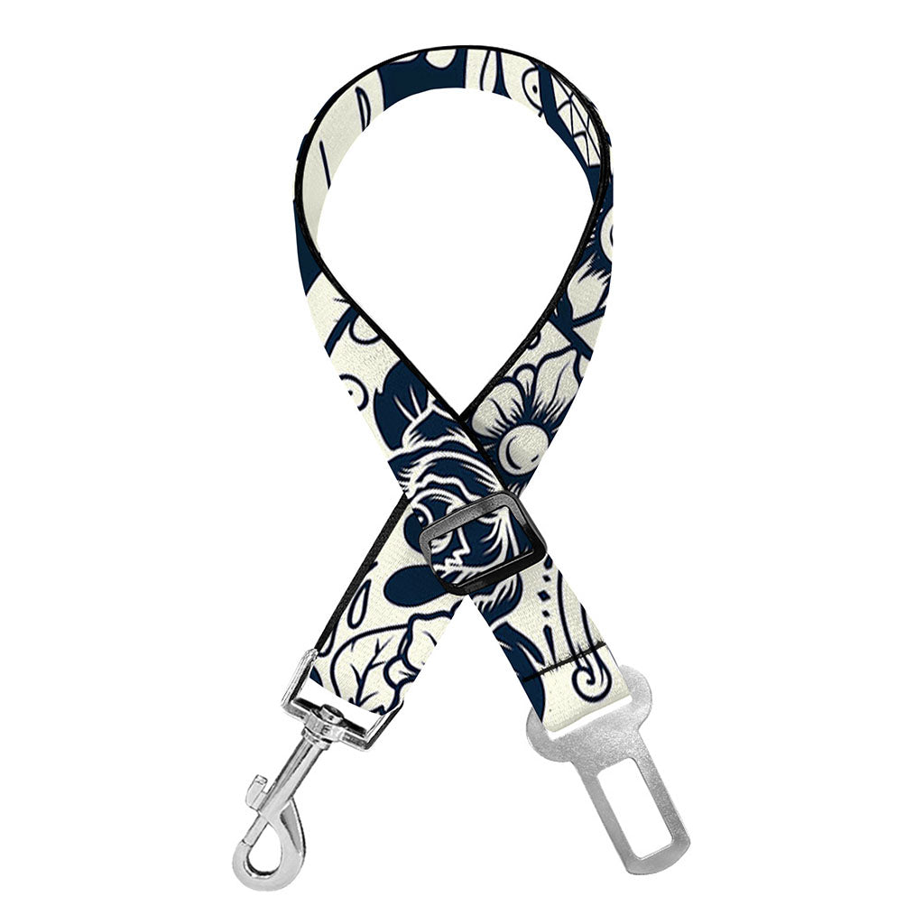 White Floral Sugar Skull Pattern Print Dog Seat Belt