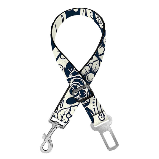 White Floral Sugar Skull Pattern Print Dog Seat Belt