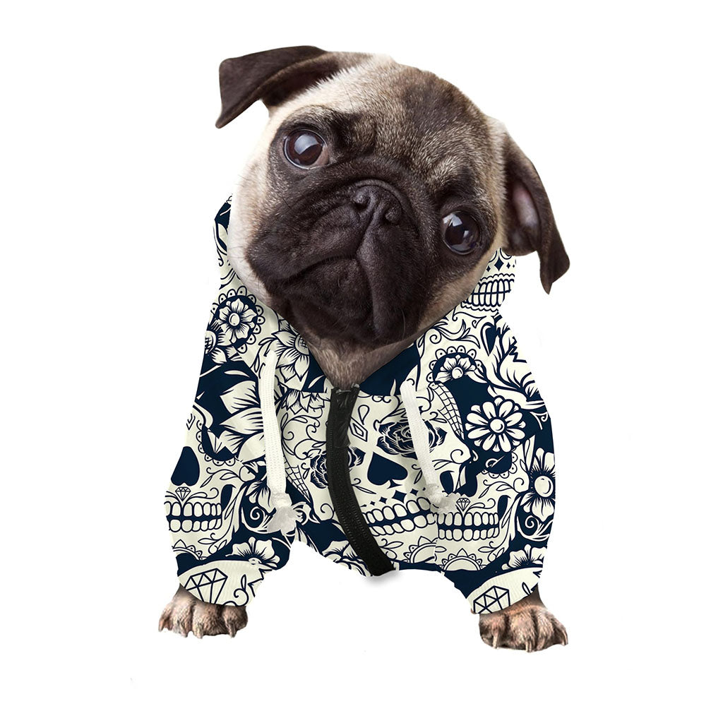 White Floral Sugar Skull Pattern Print Dog Zip Up Hoodie