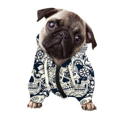 White Floral Sugar Skull Pattern Print Dog Zip Up Hoodie