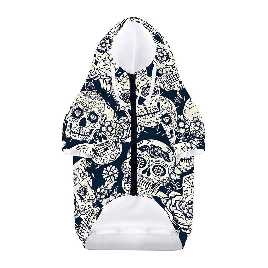 White Floral Sugar Skull Pattern Print Dog Zip Up Hoodie