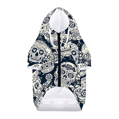 White Floral Sugar Skull Pattern Print Dog Zip Up Hoodie