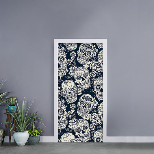 White Floral Sugar Skull Pattern Print Door Sticker