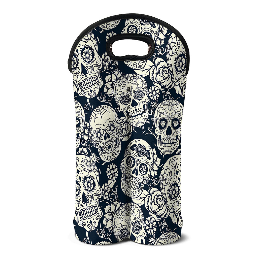 White Floral Sugar Skull Pattern Print Double Neoprene Wine Tote