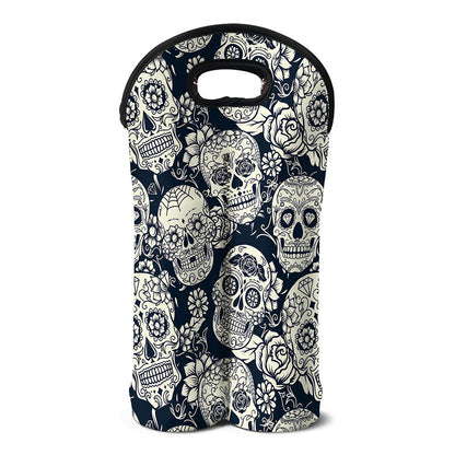 White Floral Sugar Skull Pattern Print Double Neoprene Wine Tote