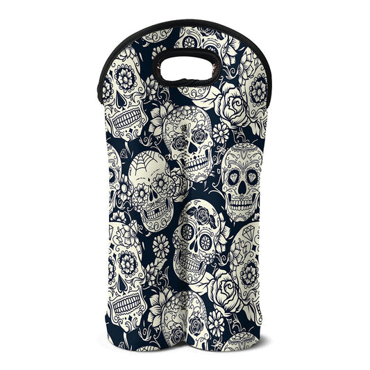 White Floral Sugar Skull Pattern Print Double Neoprene Wine Tote