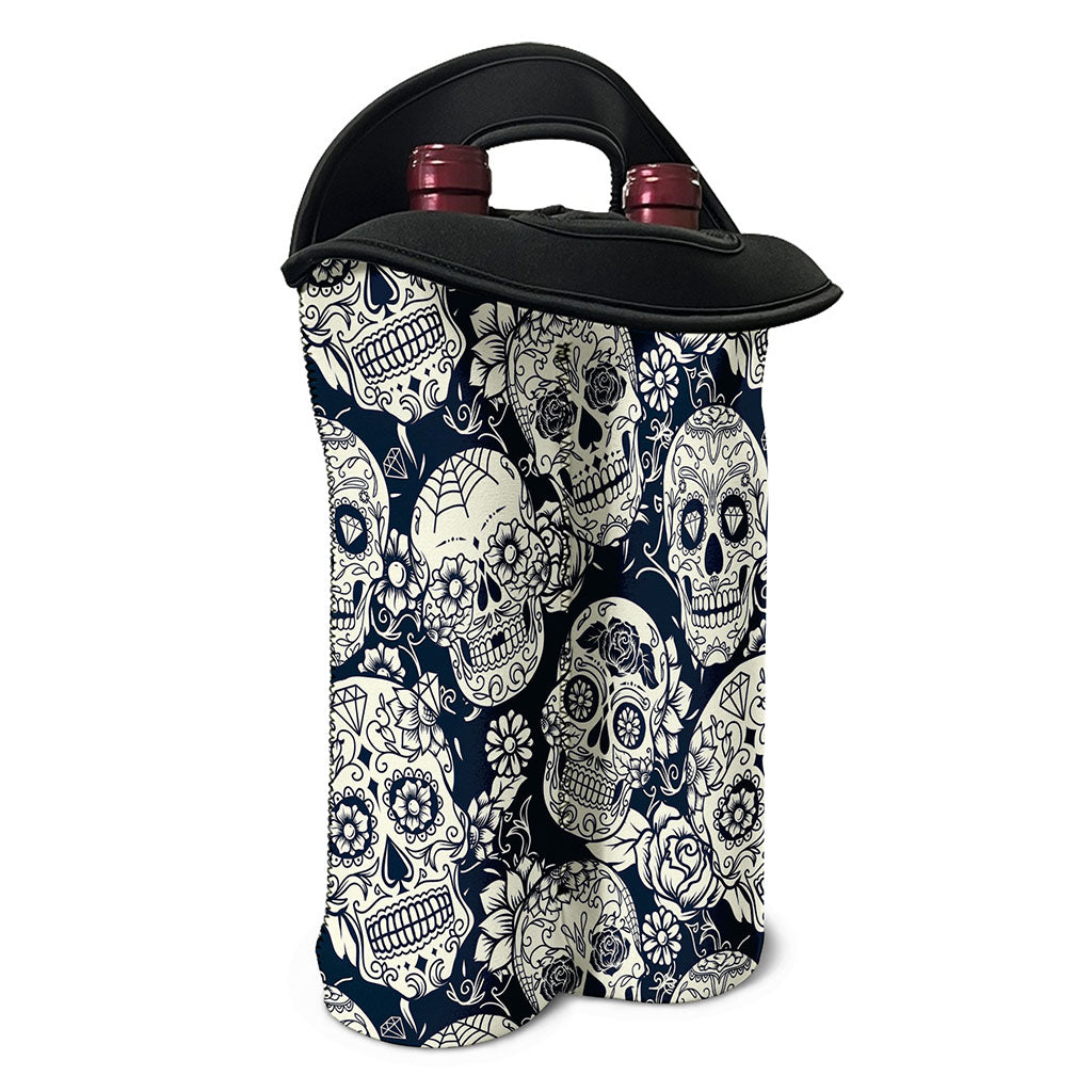 White Floral Sugar Skull Pattern Print Double Neoprene Wine Tote