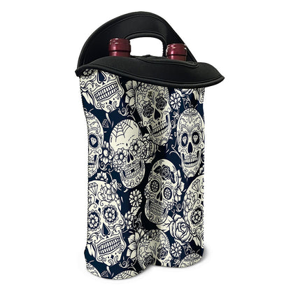 White Floral Sugar Skull Pattern Print Double Neoprene Wine Tote