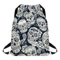 White Floral Sugar Skull Pattern Print Drawstring Backpack