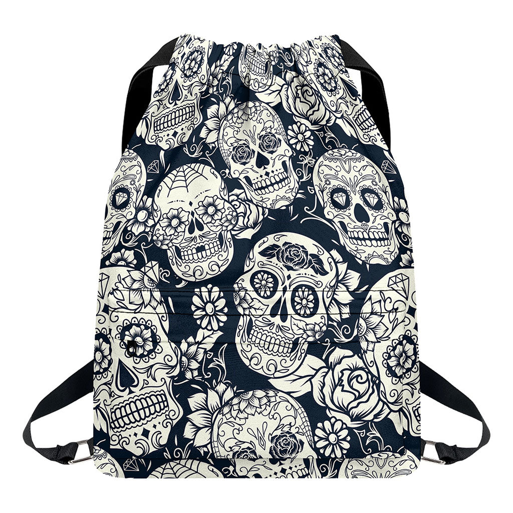 White Floral Sugar Skull Pattern Print Drawstring Backpack