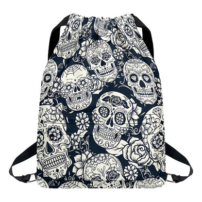 White Floral Sugar Skull Pattern Print Drawstring Backpack