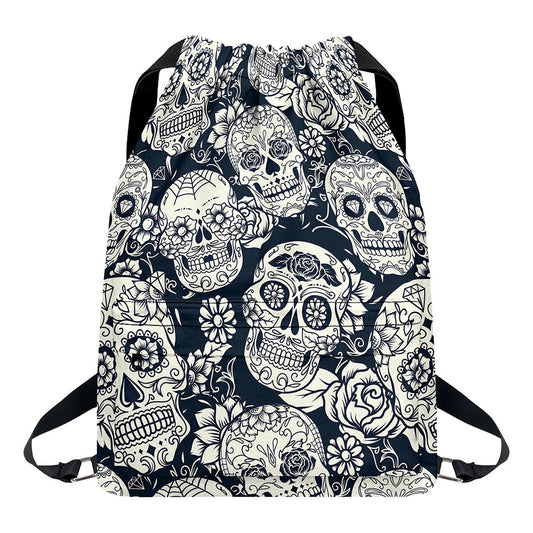White Floral Sugar Skull Pattern Print Drawstring Backpack