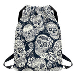 White Floral Sugar Skull Pattern Print Drawstring Backpack