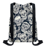 White Floral Sugar Skull Pattern Print Drawstring Backpack