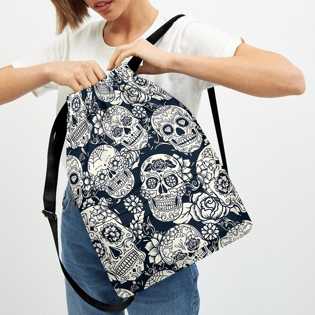 White Floral Sugar Skull Pattern Print Drawstring Backpack