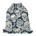 White Floral Sugar Skull Pattern Print Drawstring Bag