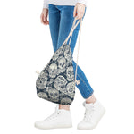 White Floral Sugar Skull Pattern Print Drawstring Bag
