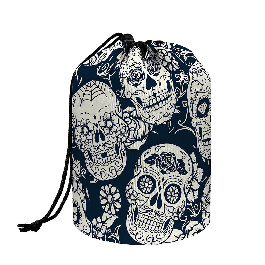 White Floral Sugar Skull Pattern Print Drawstring Makeup Bag