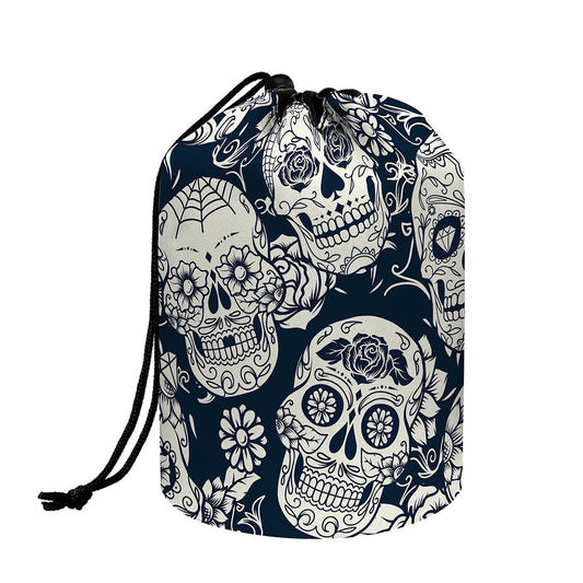 White Floral Sugar Skull Pattern Print Drawstring Makeup Bag
