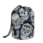 White Floral Sugar Skull Pattern Print Drawstring Makeup Bag