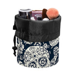 White Floral Sugar Skull Pattern Print Drawstring Makeup Bag