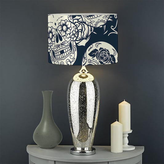 White Floral Sugar Skull Pattern Print Drum Lamp Shade