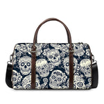 White Floral Sugar Skull Pattern Print Duffle Bag