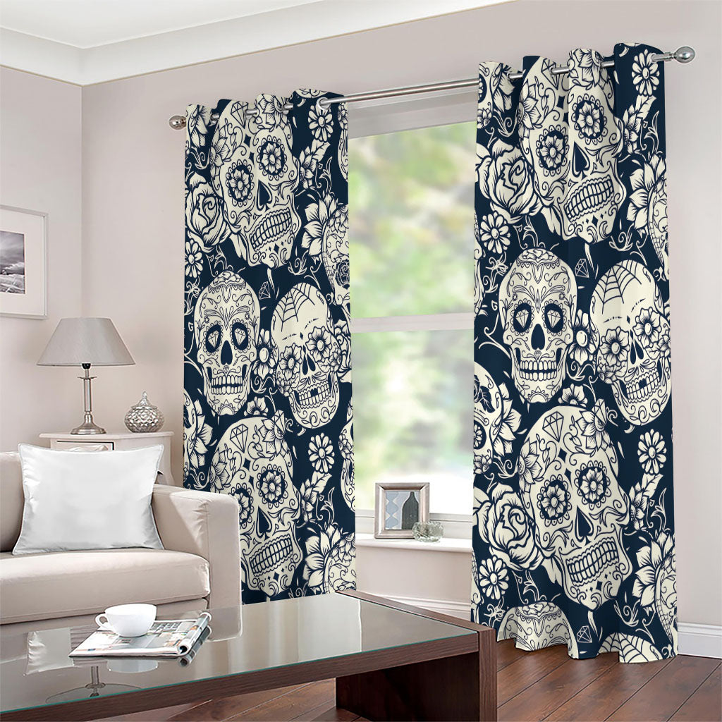 White Floral Sugar Skull Pattern Print Extra Wide Grommet Curtains