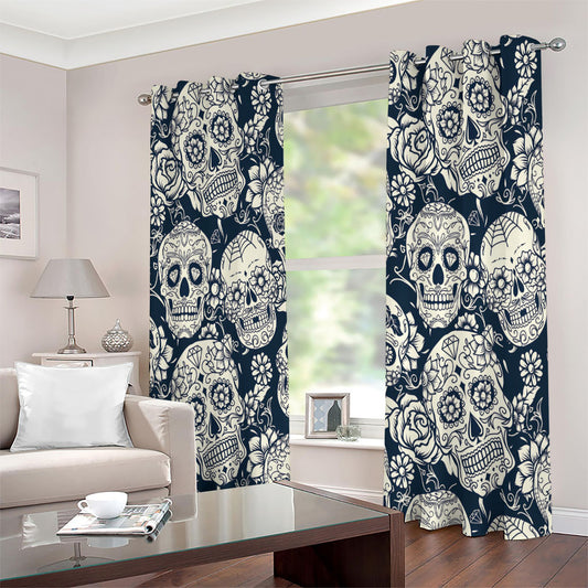 White Floral Sugar Skull Pattern Print Extra Wide Grommet Curtains