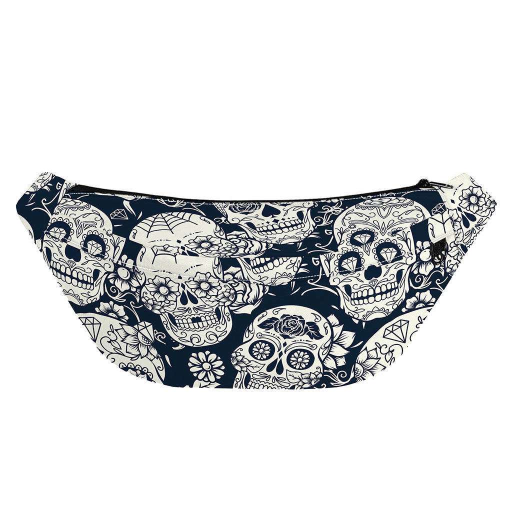 White Floral Sugar Skull Pattern Print Fanny Pack