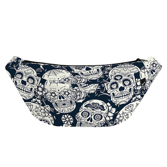 White Floral Sugar Skull Pattern Print Fanny Pack