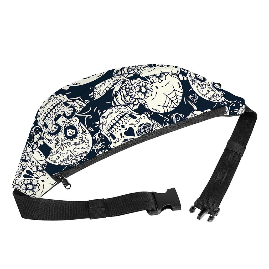 White Floral Sugar Skull Pattern Print Fanny Pack